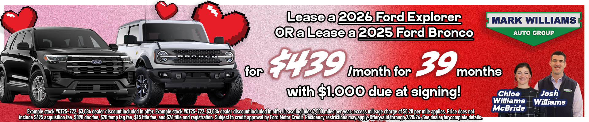 Lease a 2026 Ford Explorer or 2025 Ford Bronco Sport 